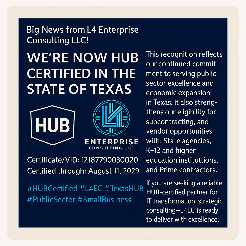 Certified Texas Historically Underutilized Business (HUB) Award